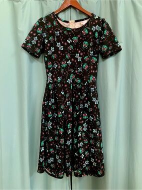 LuLaRoe Black Floral Mini Dress with Teal and red Accents